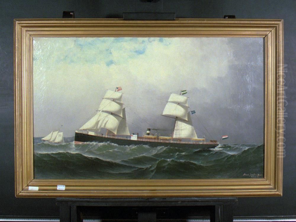 Het s.s. ' Rotterdam' (I) van de Nederlandsch Amerikaansche Stoomvaart Maatschappij (NASM) Oil Painting by Antonio Nicolo Gasparo Jacobsen