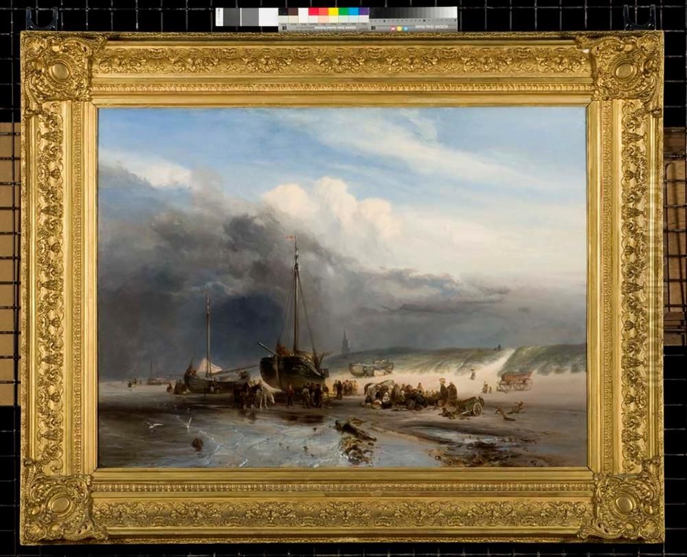 Strandgezicht te Scheveningen met bomschuiten Oil Painting by Charles Rochussen