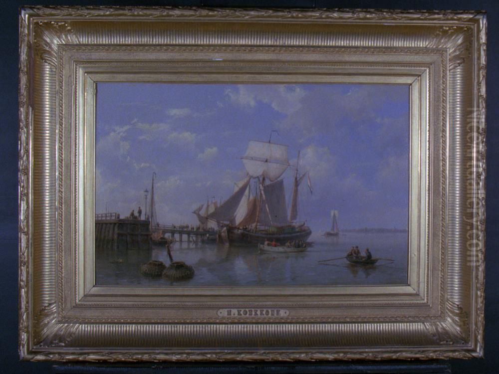 Kofschip bij een steiger Oil Painting by Hermanus Koekkoek