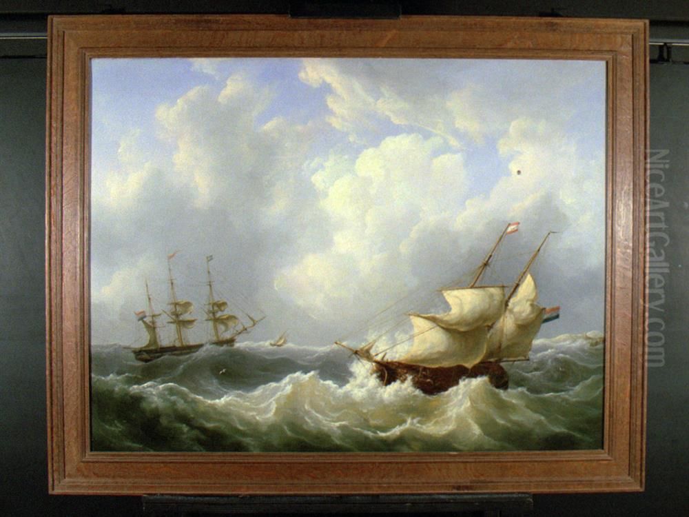 Zeegezicht met kof en koopvaardijfregat Oil Painting by Martinus Schouman