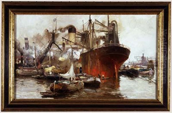 Graanoverslag in de haven van Rotterdam Oil Painting by August Willem van Voorden