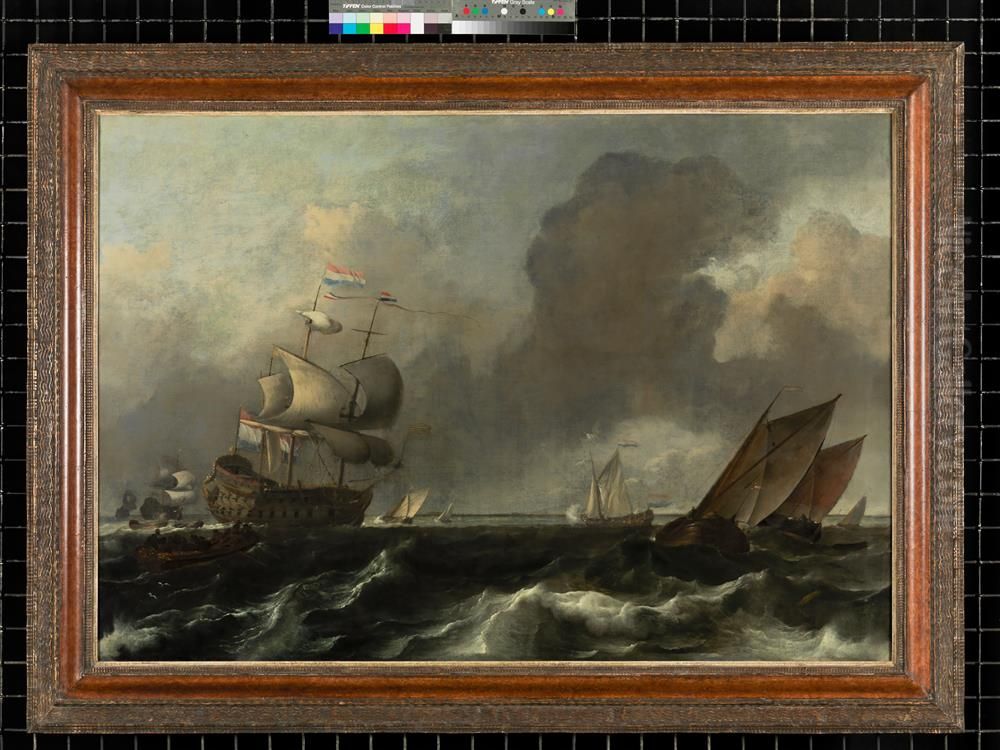 Een oorlogsschip en andere schepen op een woelig water Oil Painting by Ludolf Backhuysen II