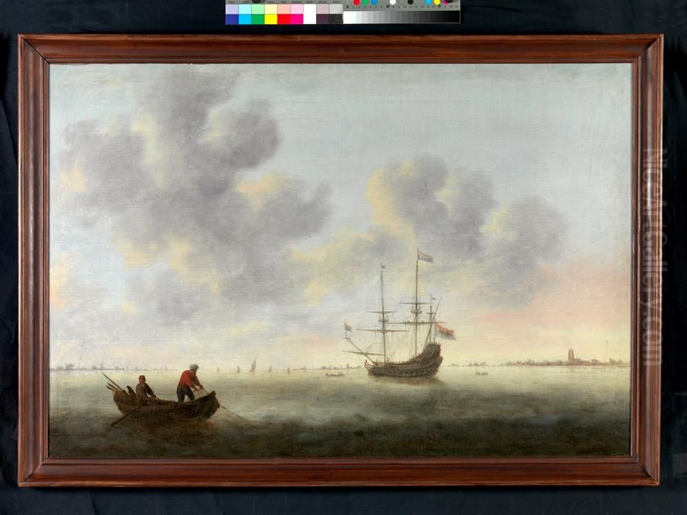 Een oorlogsschip voor de rede van Dordrecht Oil Painting by Jacob Adriaensz Bellevois