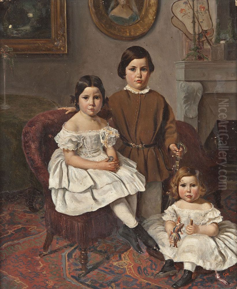 Geschwisterportrait im Salon mit Uschack Oil Painting by unknown