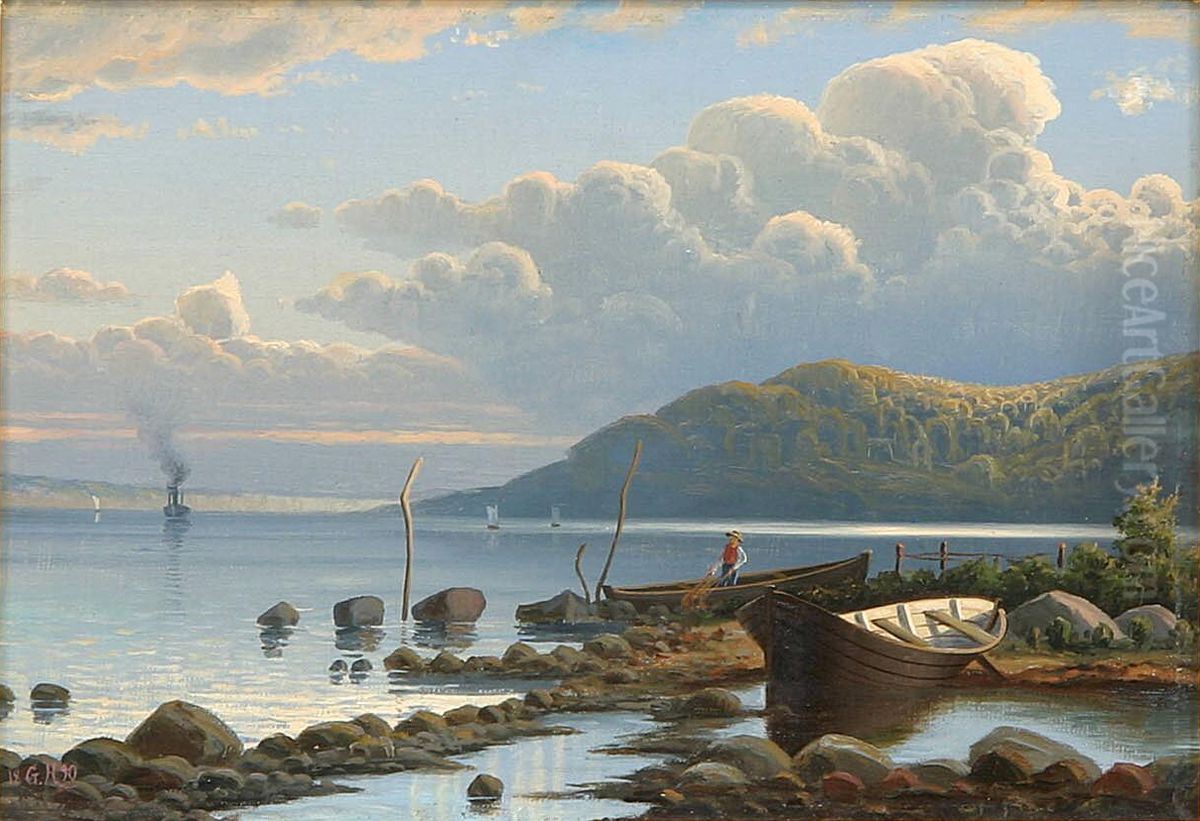 Boats at a coast. Oil Painting by Gerhard Heilmann