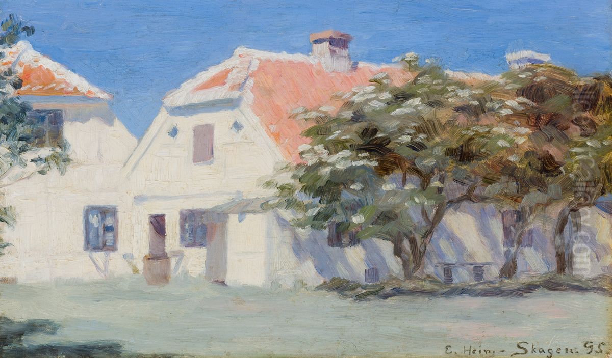 Houses and elder trees. Skagen Vesterby. Oil Painting by Einar Hein