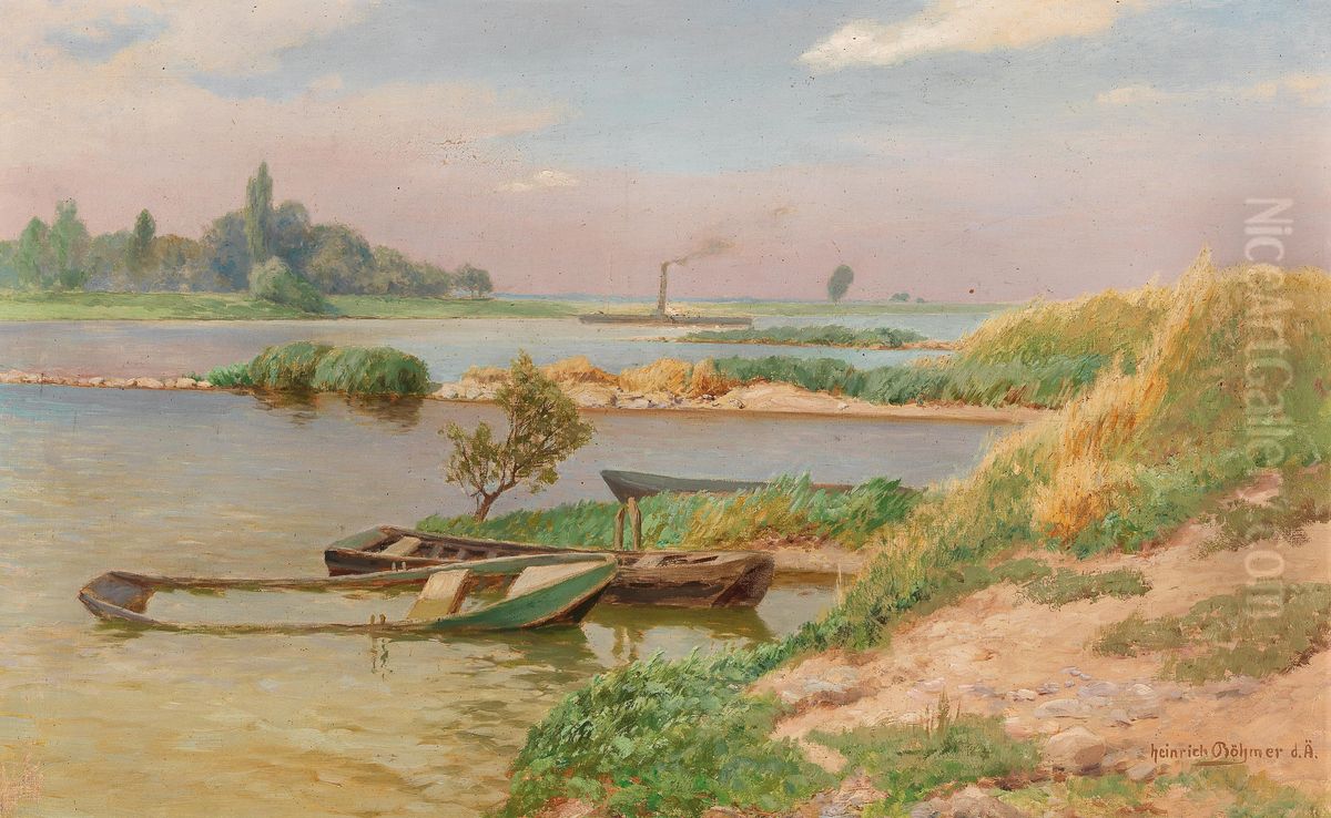 Open River Landscape Oil Painting by Heinrich Bohmer