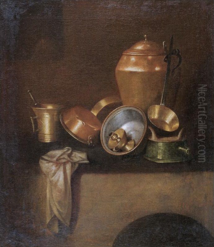 Still-life with various copper cooking utensils on a hearth / Kitchen utensils on top of an oven Oil Painting by Martin Dichtl