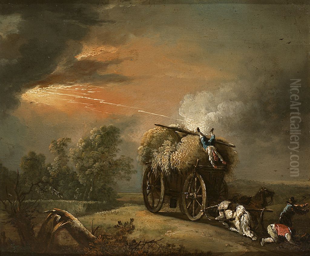 Gewitterlandschaft mit einem vom Blitz getroffenen Heuwagen. Oil Painting by Christian Wilhelm Ernst Dietrich