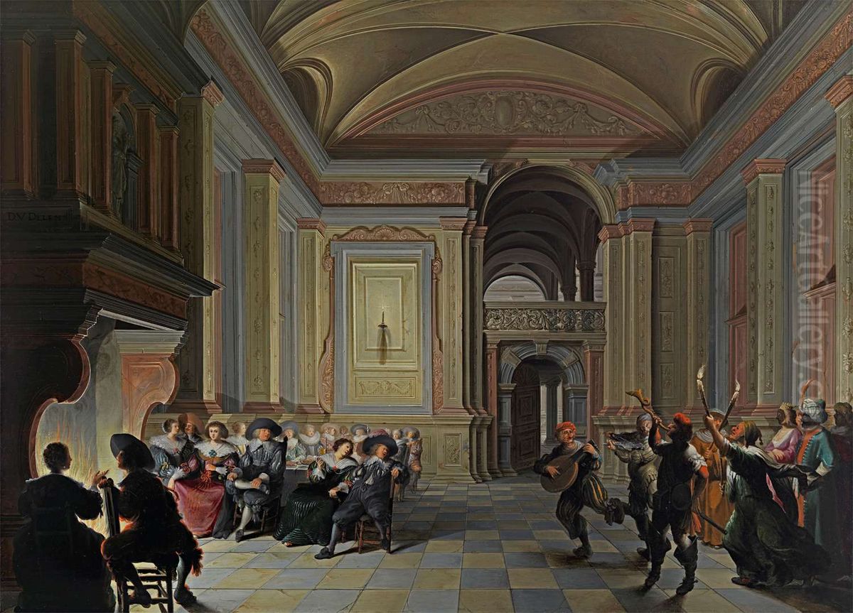 A palatial interior with ladies and gentleman feasting, entertained by Carnival mummers Oil Painting by Dirck Van Delen