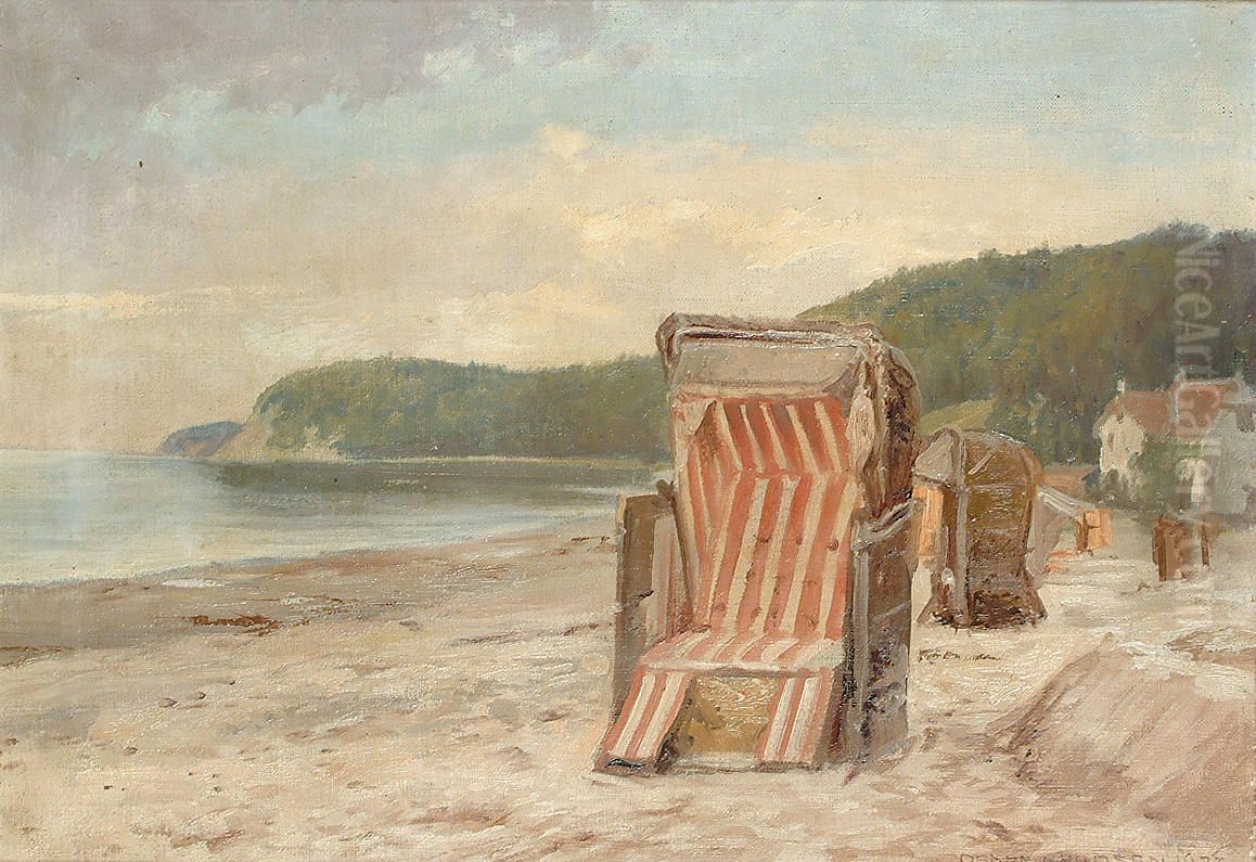 Bathing chairs on the beach of Rugen. Oil Painting by Peder Knudsen