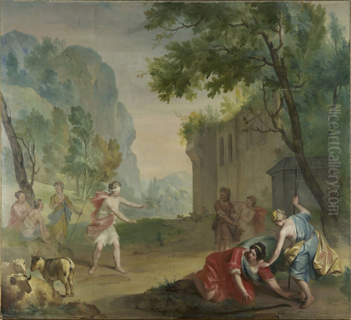 Behangsel met Amaryllis die het blindemanspel speelt Oil Painting by Aert Schouman