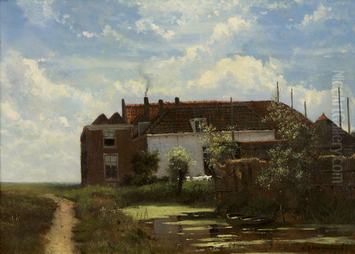 'Boerderij aan vaart' of 'De waslijn' Oil Painting by Johan Hendrik Weissenbruch