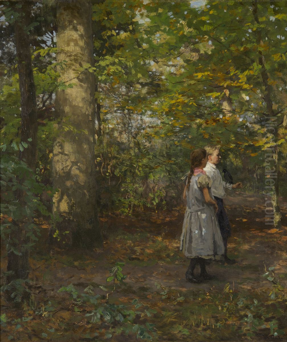 Two children and a crow playing in the forest Oil Painting by Willem Bastiaan Tholen
