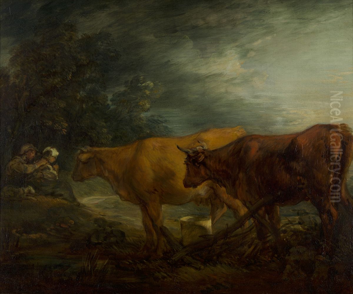 Landschap met twee koeien bij een herder en melkmeid Oil Painting by Thomas Gainsborough