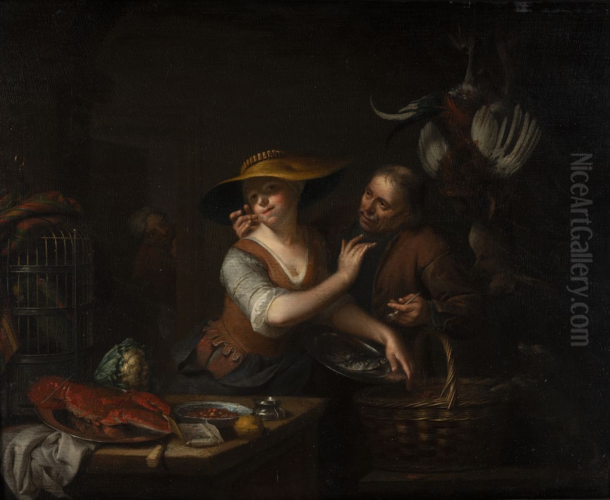Old man trying to kiss a young woman Oil Painting by Adriaan Van Der Burg