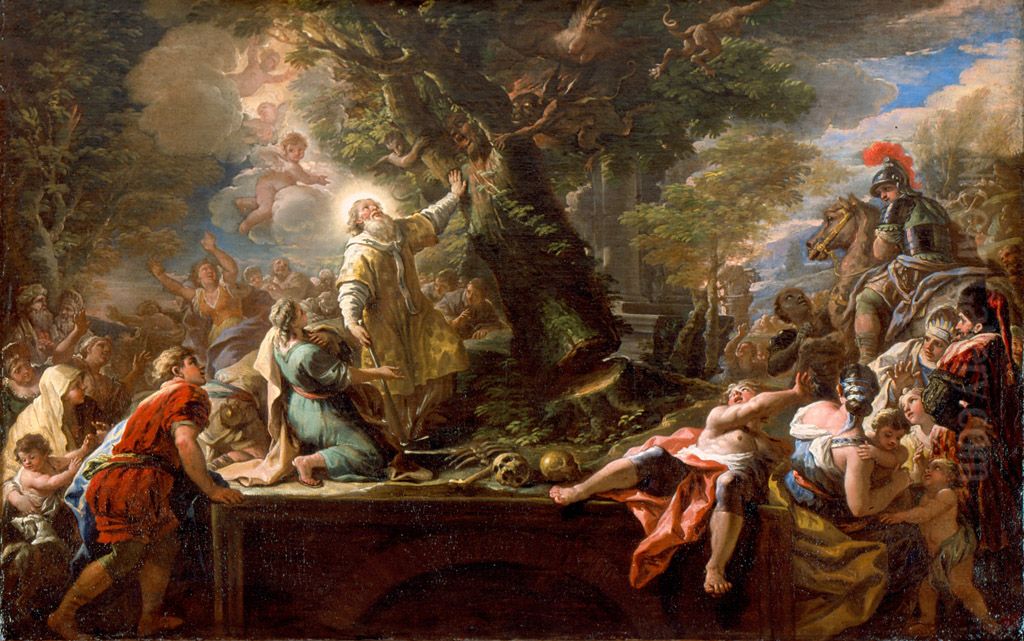 St. Nicolas of Bari Felling a Tree Inhabited by Demons Oil Painting by Paolo de Matteis