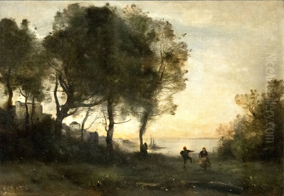 Souvenir from Italy, dancers from the shores of CapriFrancais:Souvenir d'Italie, danseurs des rivages de CapriItaliano:Souvenir dall'Italia, ballerini dalle rive di Capri Oil Painting by Jean-Baptiste Camille Corot