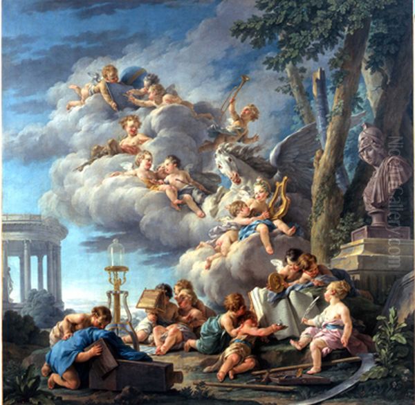 Les genies de la poesie, de l'histoire, de la physique et de l'astronomie Oil Painting by Noel Halle