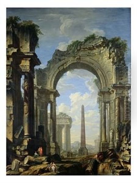Architecture avec ruines d'un temple ionique et obelisque Oil Painting by Giovanni Niccolo Servandoni