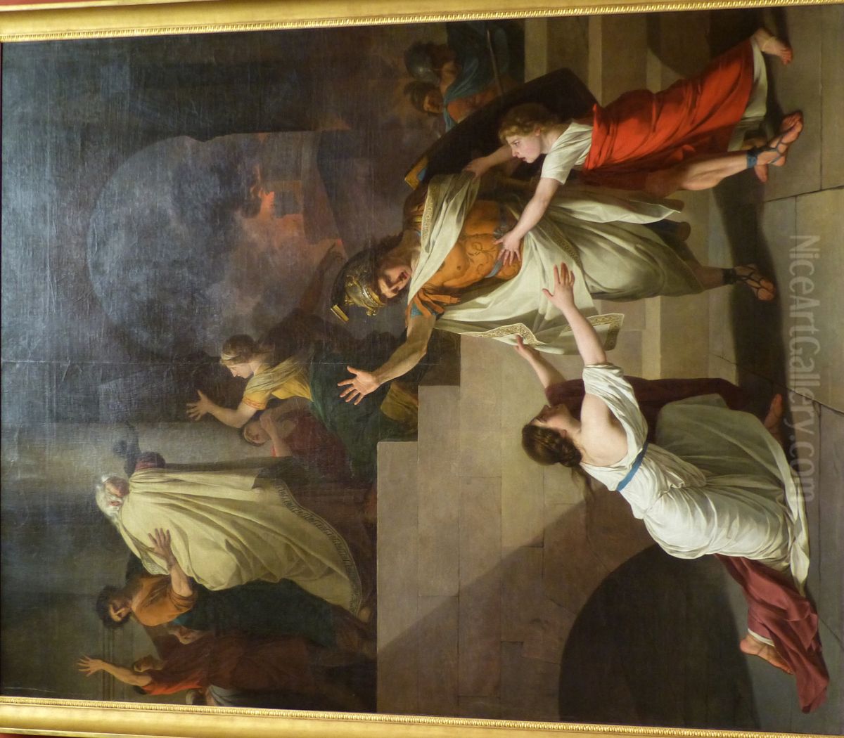 Enee, dans l'embrasement de Troie, voulant retourner au combat, est arrete par sa femme Creuse Oil Painting by Joseph-Benoit Suvee