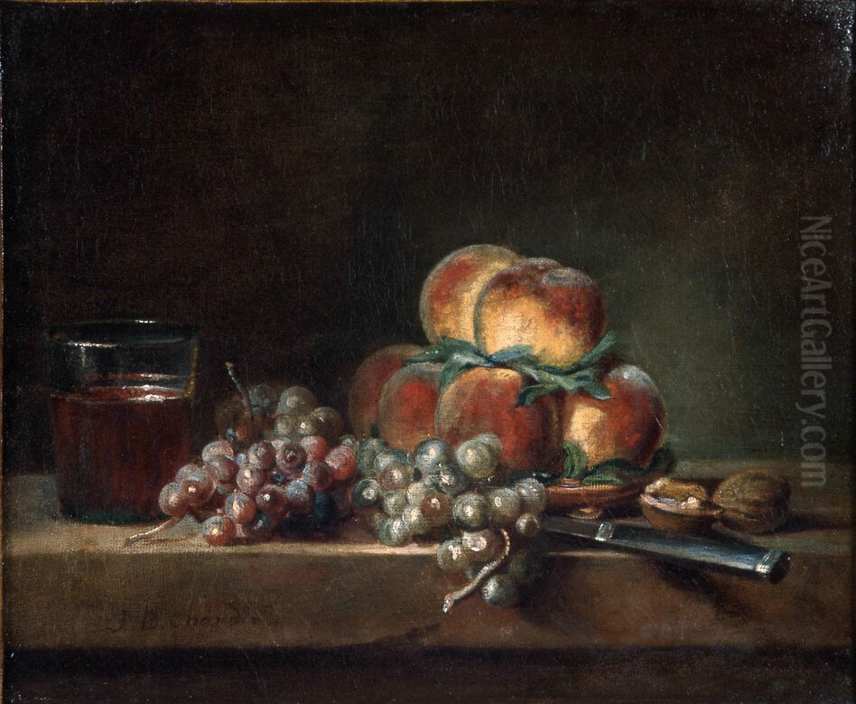 Plateau de peches avec noix, raisin, verre de vin et couteau Oil Painting by Jean-Baptiste-Simeon Chardin