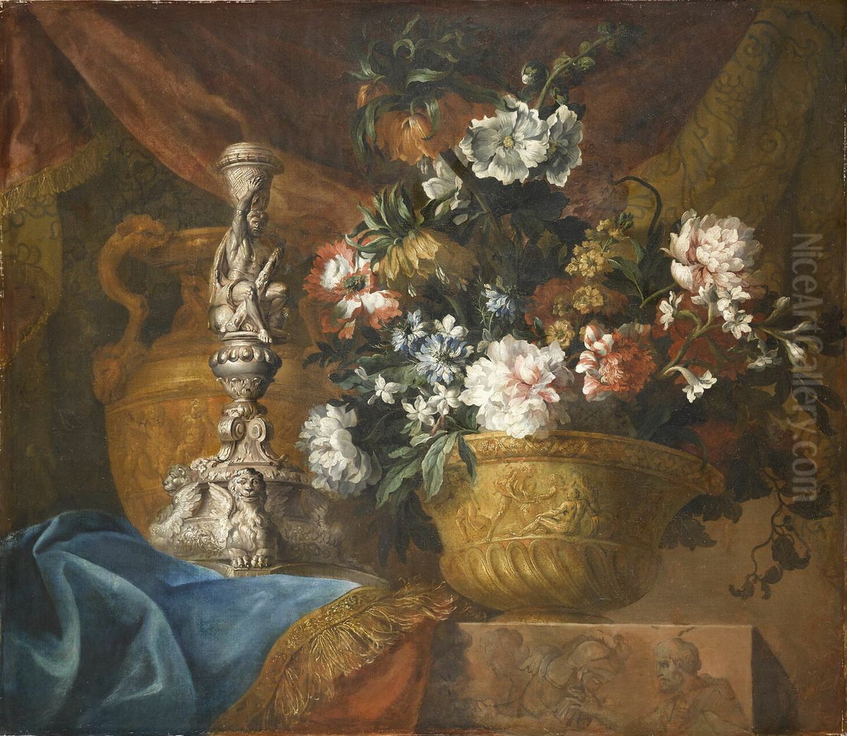 Gold vase with flowers Oil Painting by Jean-Baptiste Monnoyer