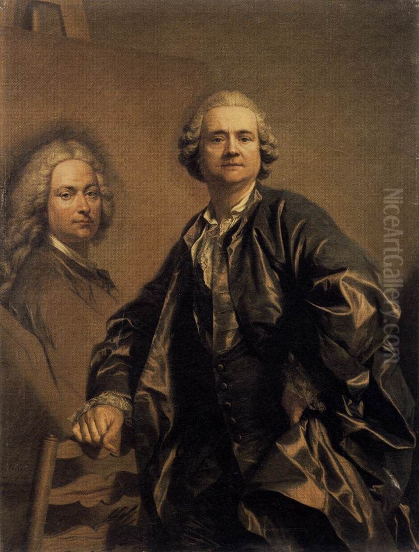 The Artist with a Portrait of his Father Oil Painting by Louis-Michel Van Loo