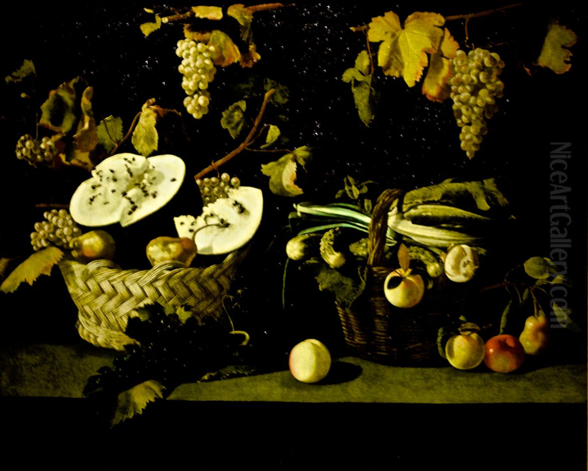 Natureza morta com melancia e uvas Oil Painting by Josefa de Obidos