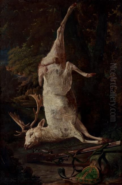 Hunting still life with deer Oil Painting by Izaak Godijn