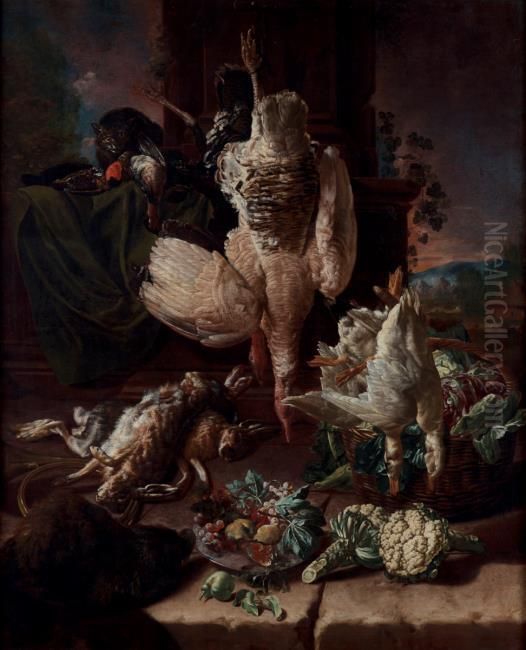 Still life with two turkey hens, hares, duck, vegetables and fruit Oil Painting by Izaak Godijn