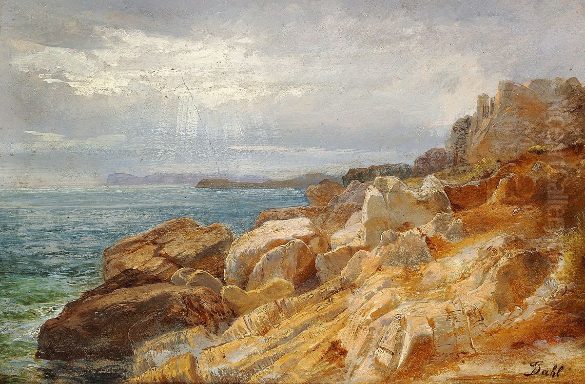 A rocky coast. The sun is breaking through the sky Oil Painting by Johan Wilhelm Ludwig Dahl