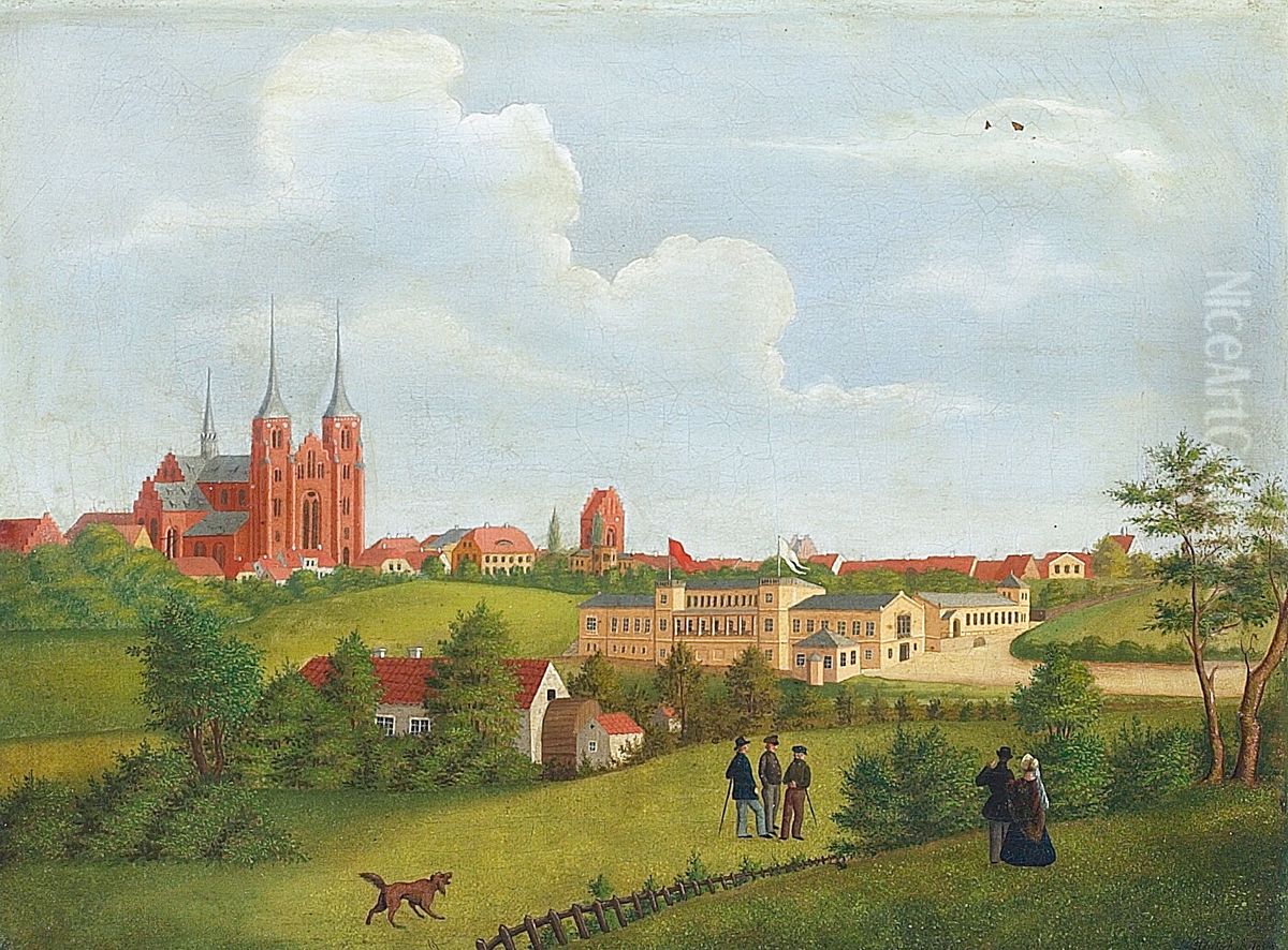 View of the town of Roskilde with the cathedral to the left. Oil Painting by Jacob Christian Gottschalk