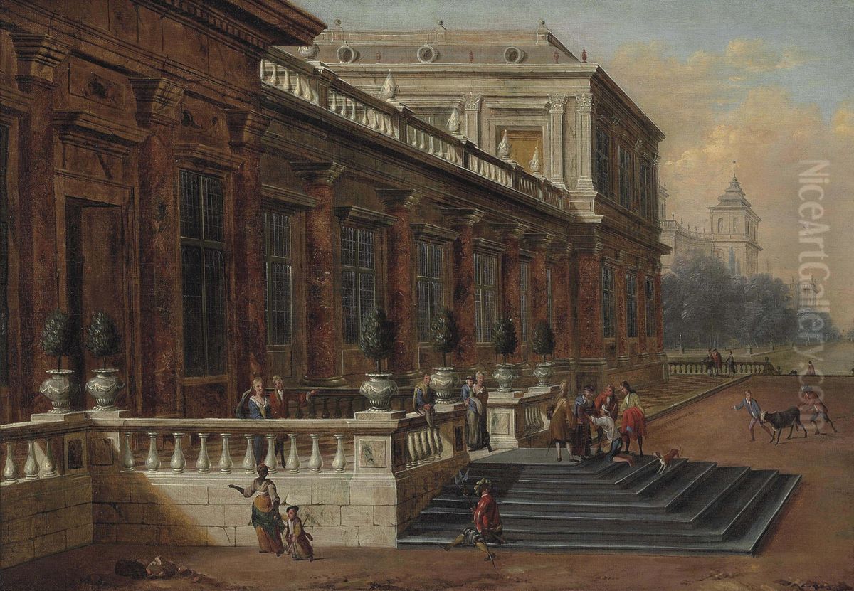 A capriccio of a palace terrace, with The Return of the Prodigal Son Oil Painting by Jacob Balthasar Peeters