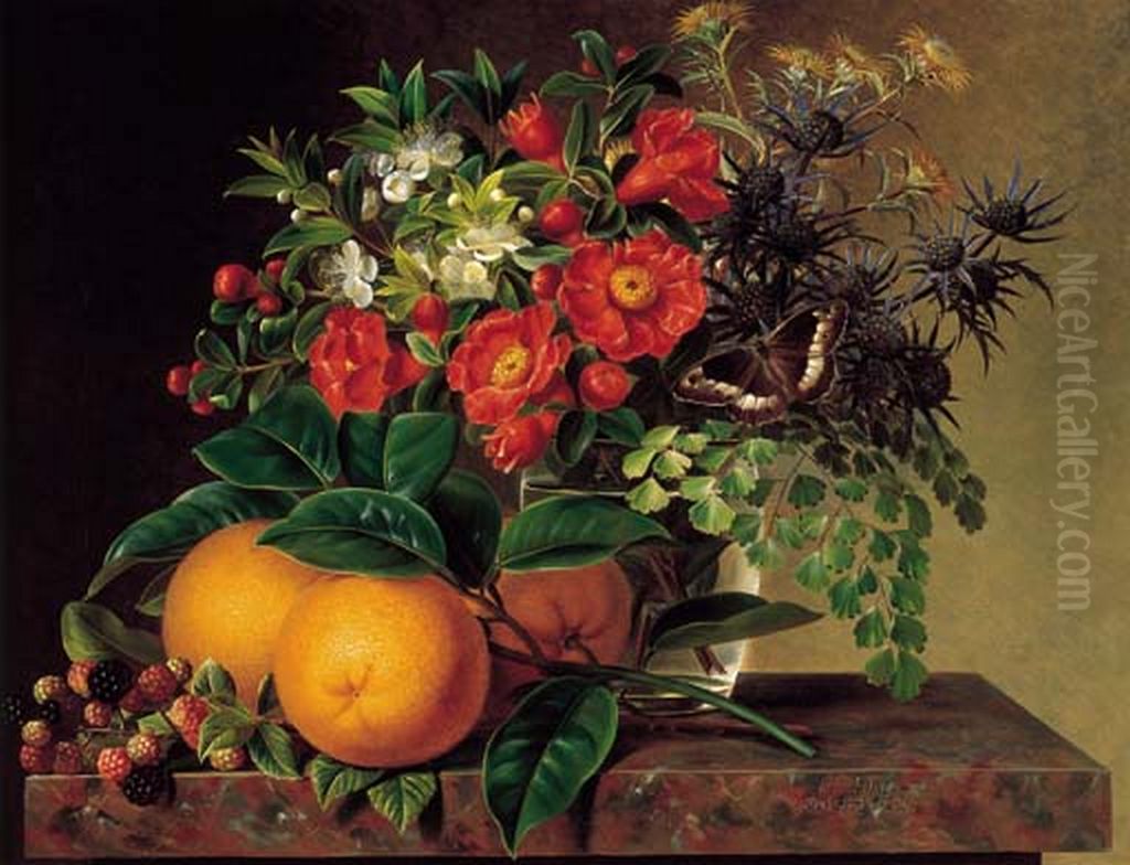 Thistle, Echinops, Myrtle in a glass Vase with Oranges, Blackberries and a Butterfly on a brown marble Ledge. Oil Painting by Johan Laurentz Jensen