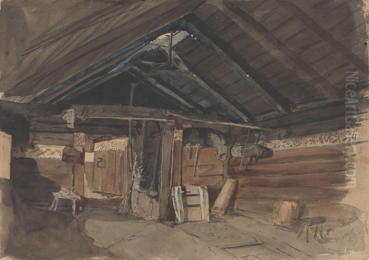 Rokstue, Kvam prestegard, Vikoy Oil Painting by Adolph Tidemand