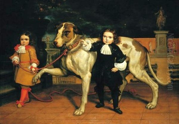 Two dwarfs of Charles II of Spain with a dog at the Buen Retiro Palace in Madrid Oil Painting by Jan van, the Younger Kessel
