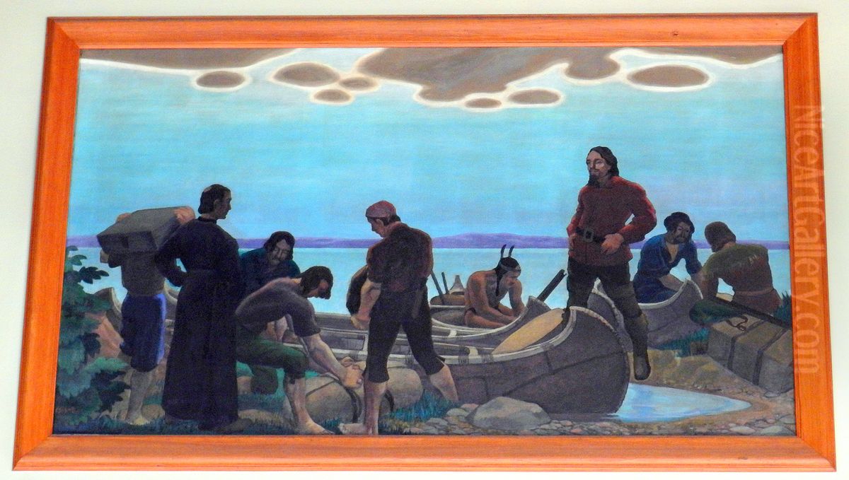 Departure of Rene-Robert Cavelier de La Salle for the expedition leading to the discovery of the Mississipi (1680-1682). Oil Painting by Edwin Holgate