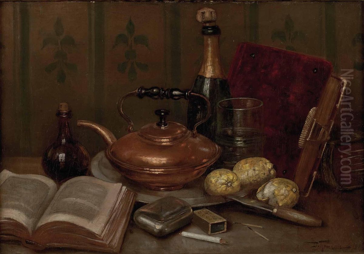 Stillleben mit Sektflasche, Buch und Kupferkanne Oil Painting by Desire Thomassin
