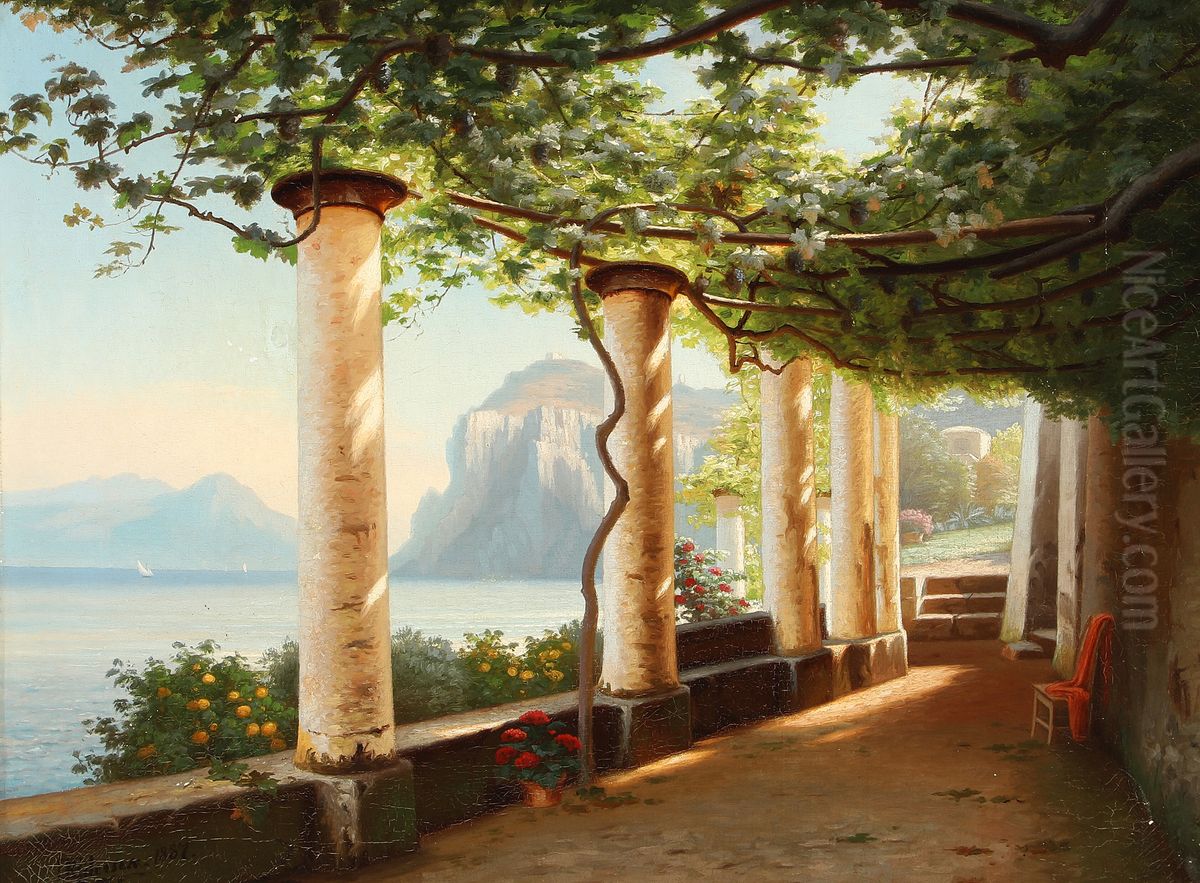 View of Capri from a pergola. Oil Painting by Eiler Rasmussen Eilersen