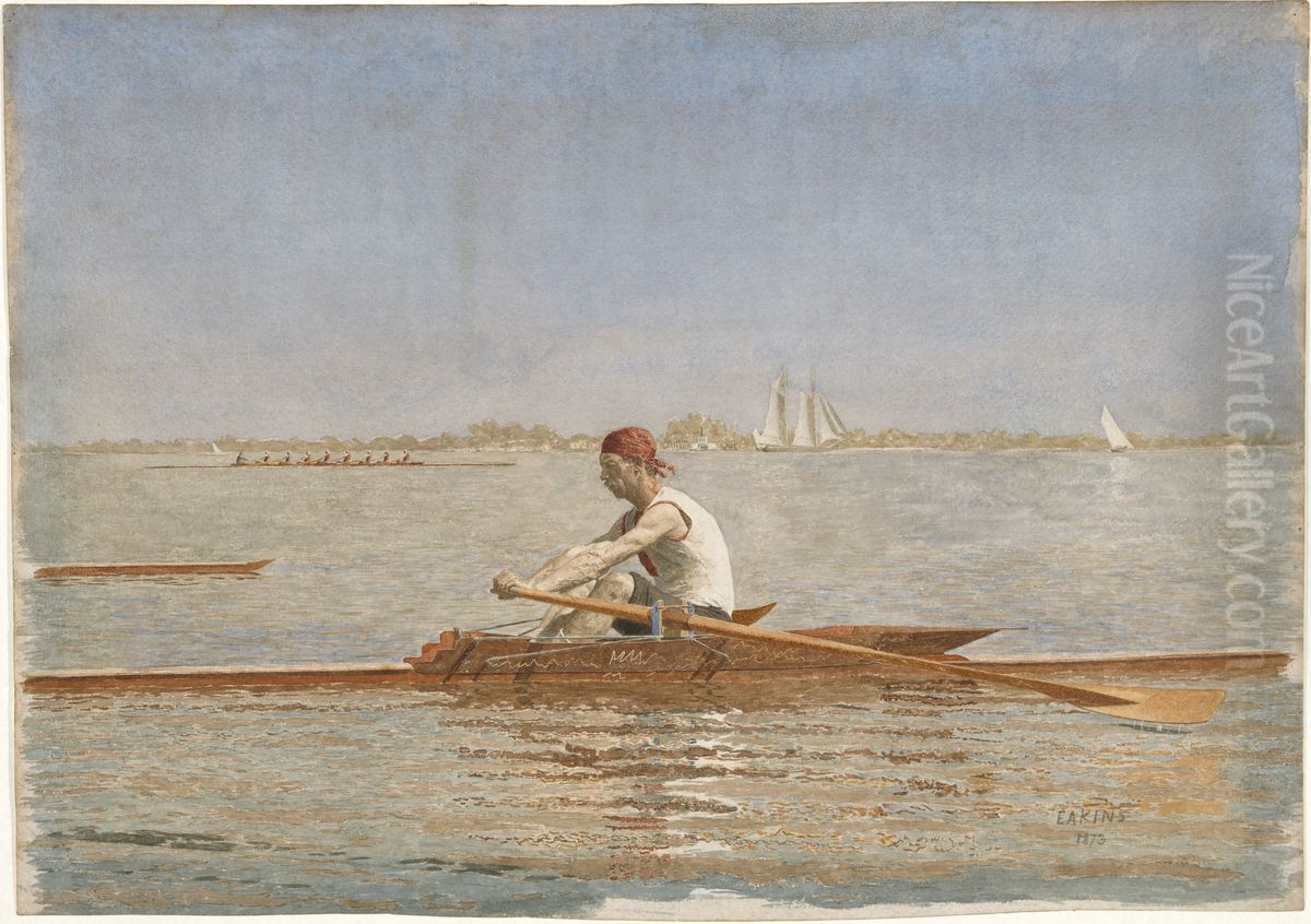 John Biglin in a Single Scull Oil Painting by Thomas Cowperthwait Eakins