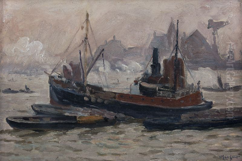 Foggy mood Hamburg harbor Oil Painting by Wilhelm Eberhardt