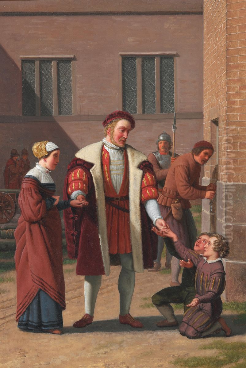 King Frederik I releases Sten Sture's widow and sons from prison. Oil Painting by Christoffer Wilhelm Eckersberg