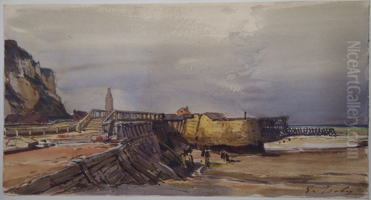 La jetee de Saint-Valery-en-Caux Oil Painting by Eugene Isabey