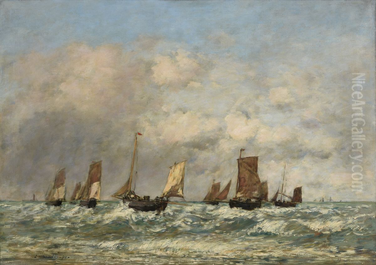 le depart des barques Oil Painting by Eugene Louis Boudin