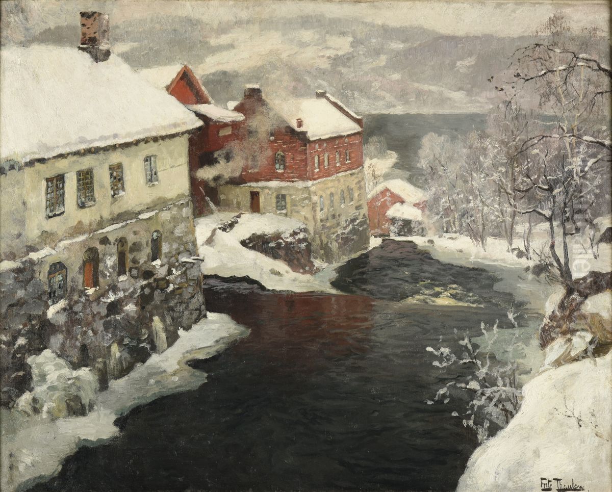 Fabriques en Norvege, les deux moulins sur la riviere Mesma Oil Painting by Frits Thaulow