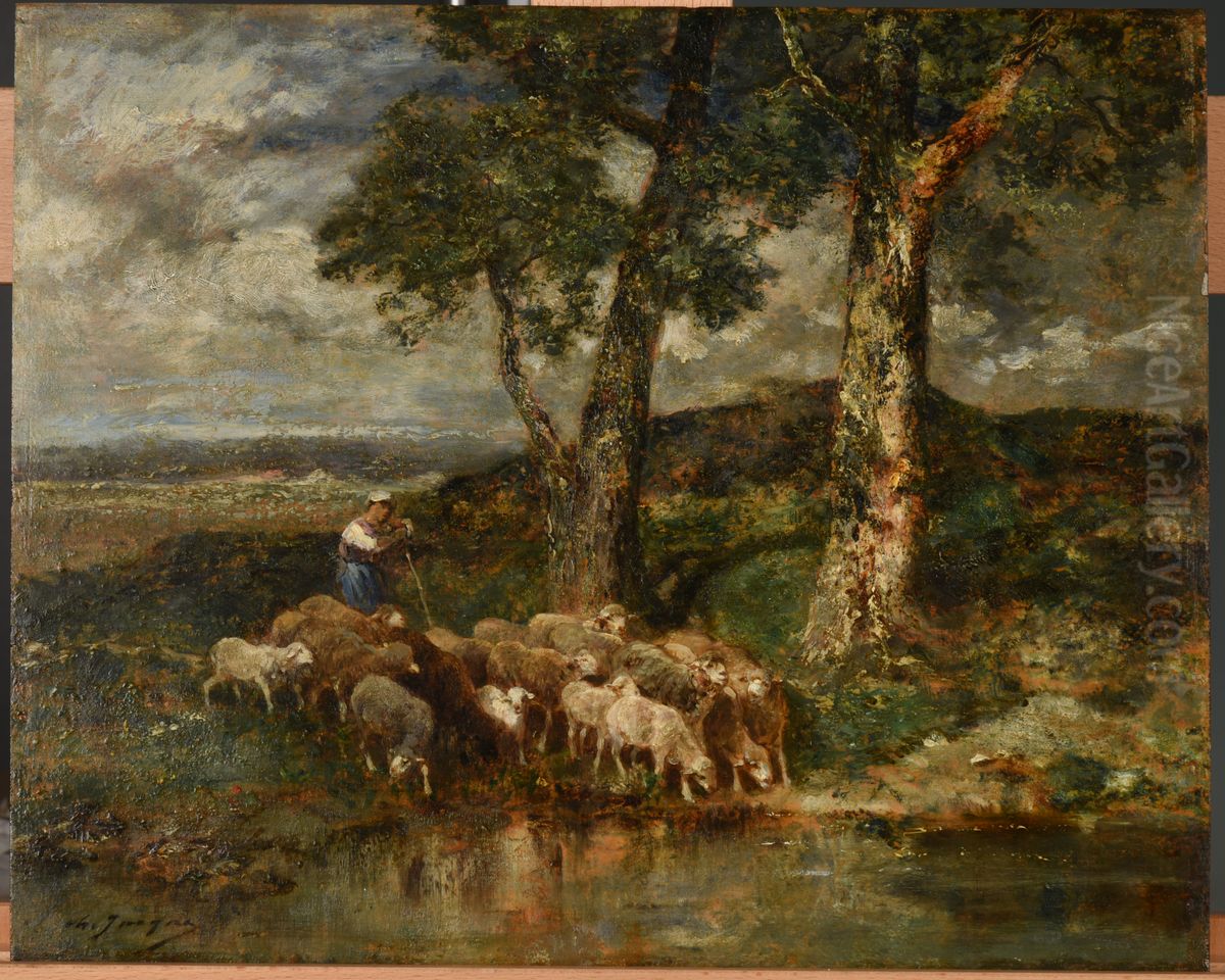 Moutons a l'abreuvoir Oil Painting by Charles Jacque