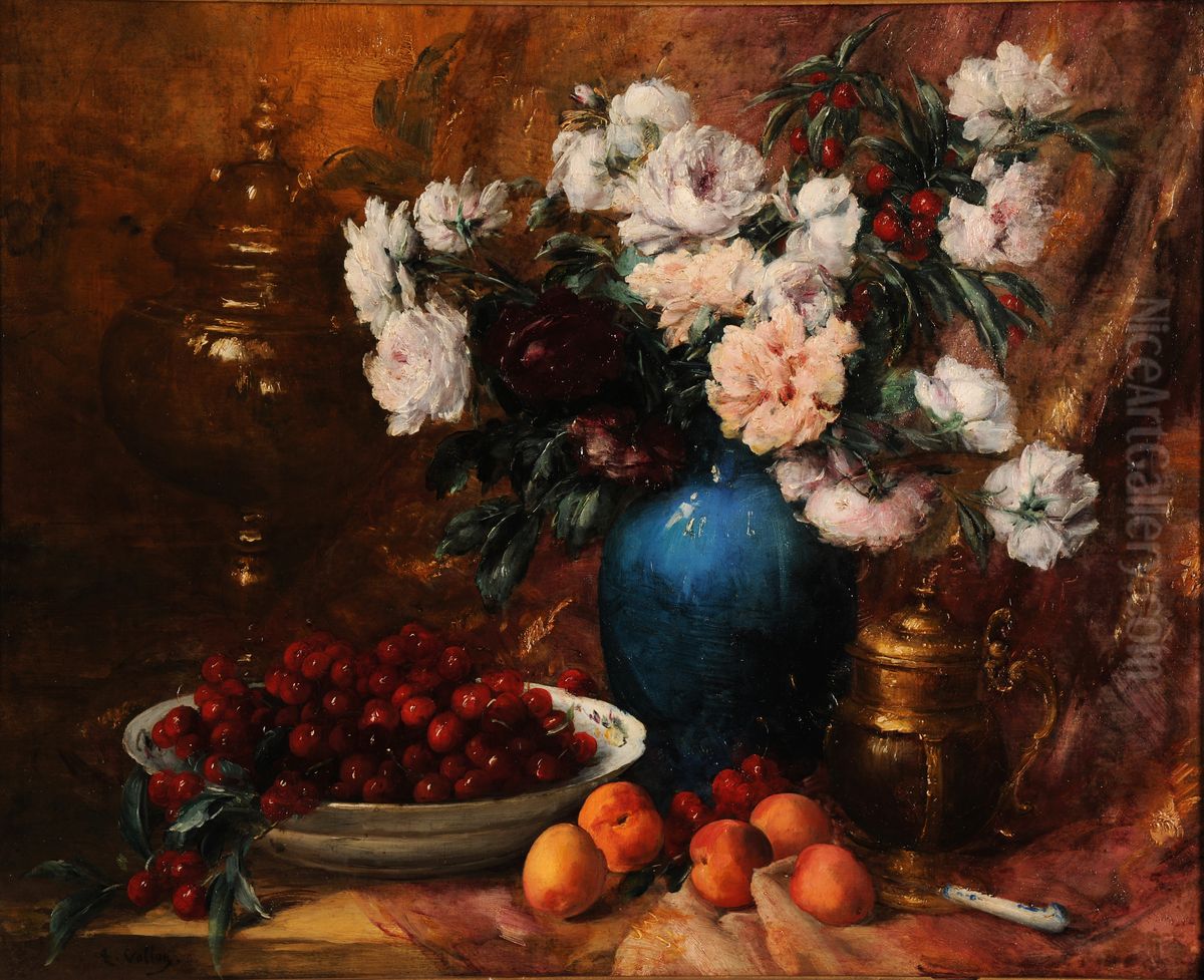 Vase, fleurs et fruits Oil Painting by Antoine Vollon