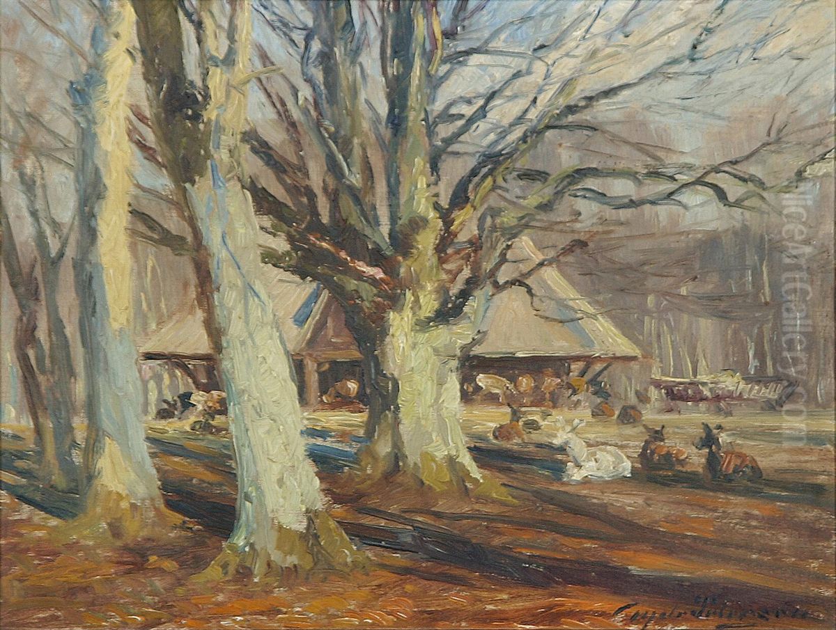 Autumn view from Jaegersborg Dyrehave with a shelter and some deer. Oil Painting by Hans Gyde Petersen