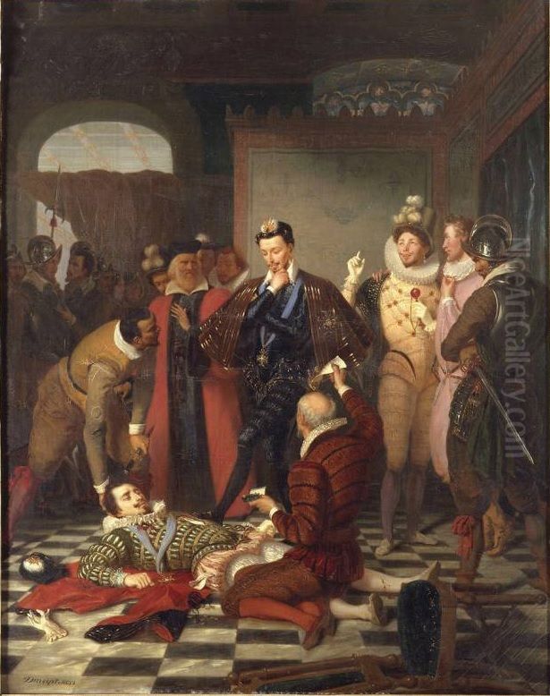 Henri III poussant du pied le cadavre du duc de Guise Oil Painting by Charles Durupt